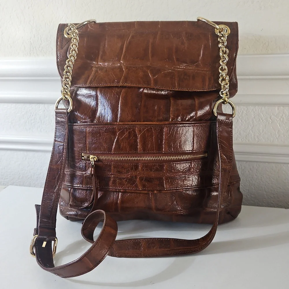 Kate Landry Brown Croc Crossbody Messenger Bag Gold Hardware - Picture 1 of 9